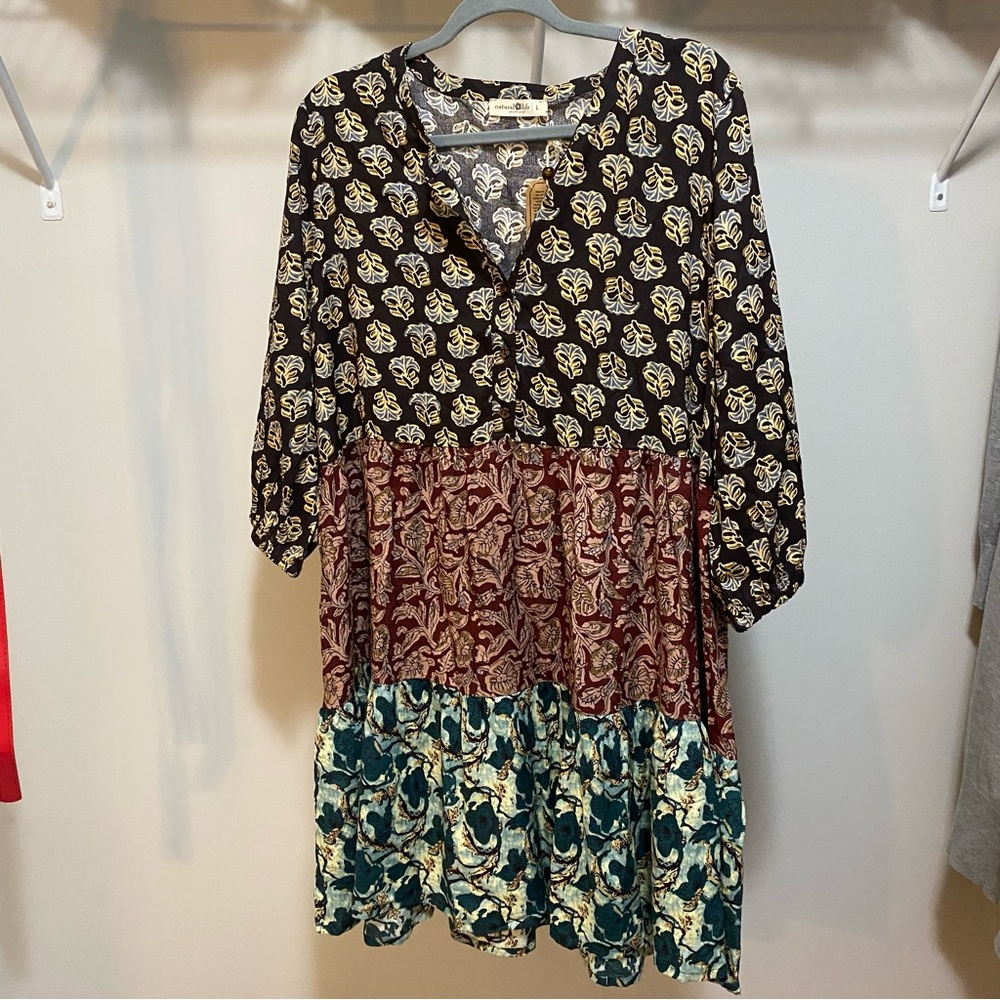 Natural Life Anita Tunic Dress Brown Teal mixed floral